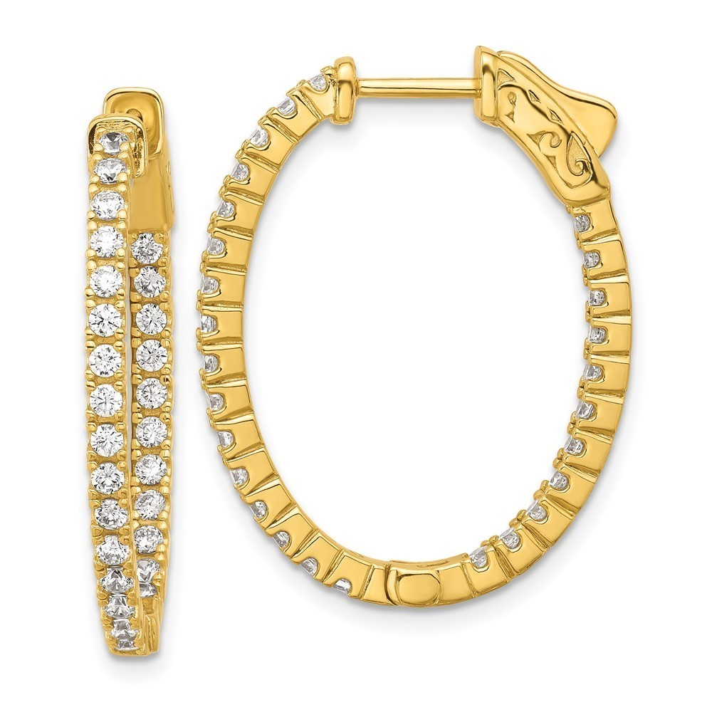 925 Sterling Silver Flash Gold-pltd 1.7mm CZ Oval In & Out Hinged Hoop Earrings